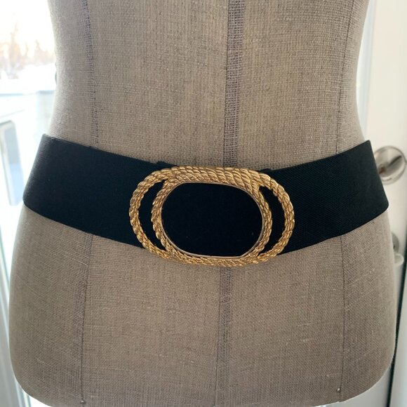 Vintage Wide Statement Cinch Waist Belt M Black Elastic Gold Glam Buckle 90s 80s - Picture 1 of 10